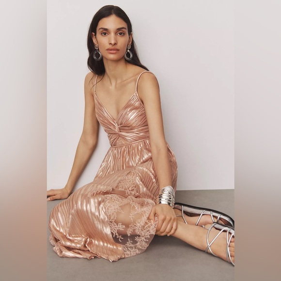 Sabina Musayev Franny Deep-V Satin A-Line Rose Gold midi Dress - Picture 2 of 11